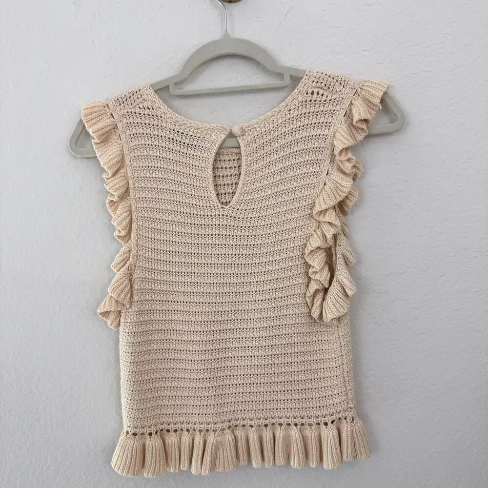 Luminary Collection Womens Knit Sleeveless Top Size S Ruffle Bringe Boho Neutral